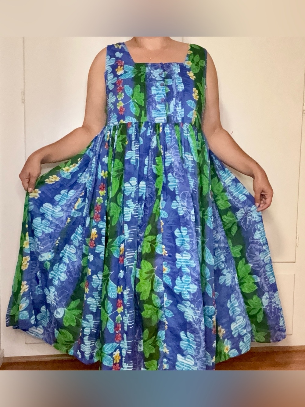 Vintage 90s Sita Cotton Blue Green Floral Summer Maxi Dress Size 1X